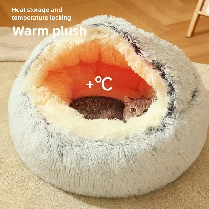 Herbst und Winter weiches Plüsch-Haustierbett und Haustierbett Winterwarmes und kaltes Plüsch-Deckennest Schalen-Katzennest halbgeschlossenes Katzennest